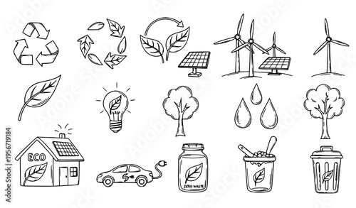 Eco Friendly Living Doodle Icon Set with Green Energy and Nature Symbols