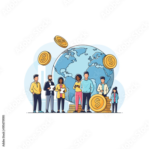 A diverse group of people standing in front of a globe with money, representing global business and finance.
