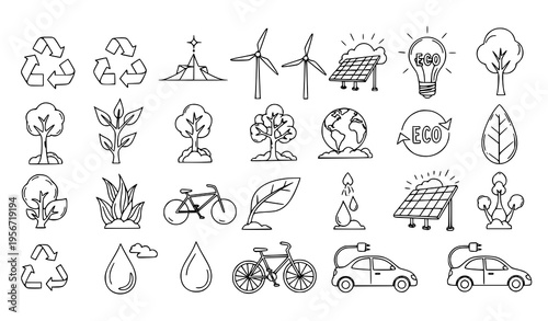 Sustainability and Green Energy Hand Drawn Icon Collection Doodle Style