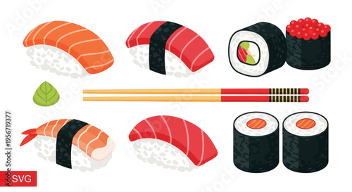 Assortment of Fresh Sushi and Maki Rolls with Wasabi and Chopsticks