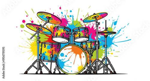 Colorful Drum Set with Paint Splatter - Music Performance Concept