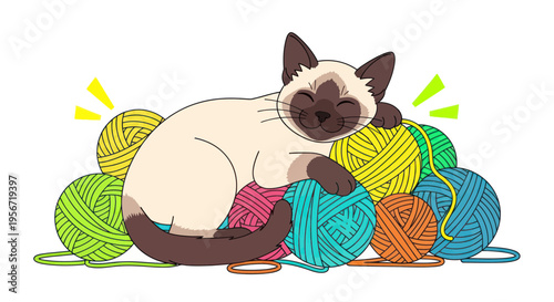 Cute Siamese Cat Sleeping on Colorful Yarn Balls