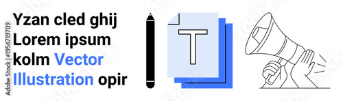 Content creation, marketing tools, typography, communication, graphic design, digital messaging. Pen, text and megaphone beside placeholder text. Content creation and marketing tools concept