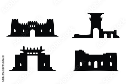Ancient castle ruins and gate silhouettes vector icons