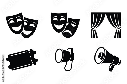 Theater masks, ticket, and megaphone icons vector art