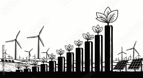 Global green energy growth concept with increasing plant bars, wind turbines, and solar panels, representing sustainable development and ecological investment.