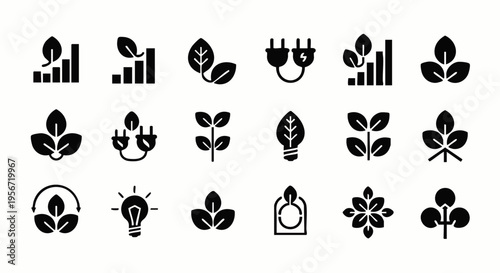Eco-friendly icons set: leaves, light bulb, power plug, growth chart, sustainable energy symbols