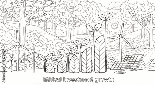 Line art of ethical investment growth, depicted by a plant bar chart, wind turbines, and solar panels in a forest. Sustainable energy and green economy.