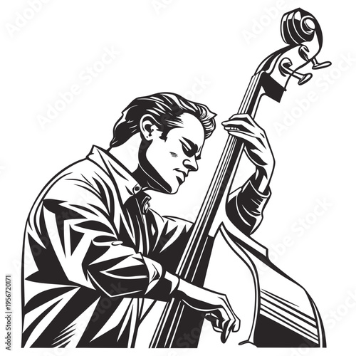 Black and white Double bass player Vector Images on white background.