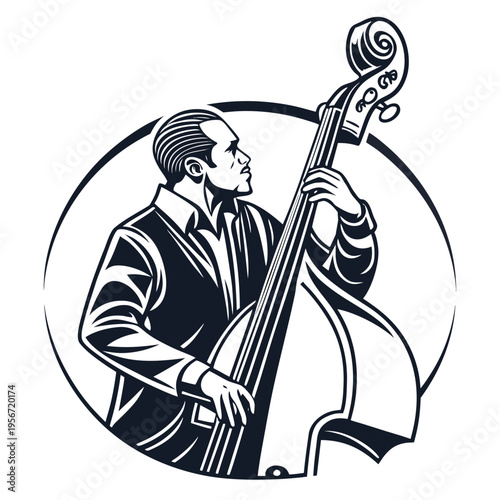 Black and white Double bass player Vector Images on white background.