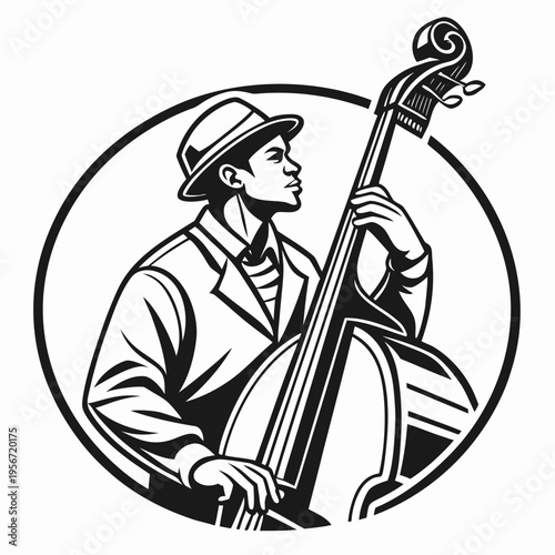 Black and white Double bass player Vector Images on white background.