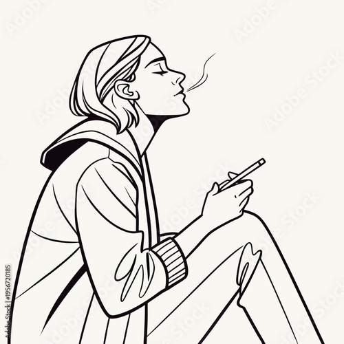 Side View Sketch of a Woman Smoking, Capturing the Calm and Contemplative Expression image vector.