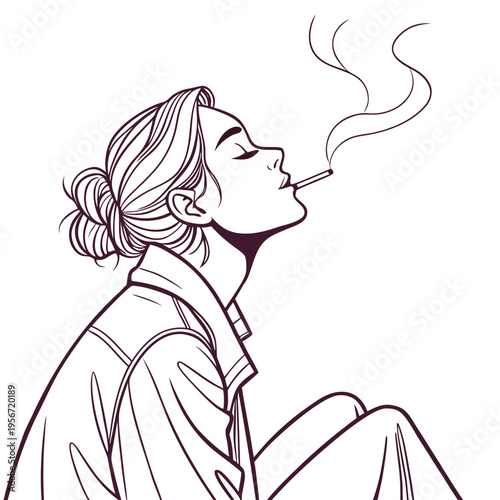 Side View Sketch of a Woman Smoking, Capturing the Calm and Contemplative Expression image vector.