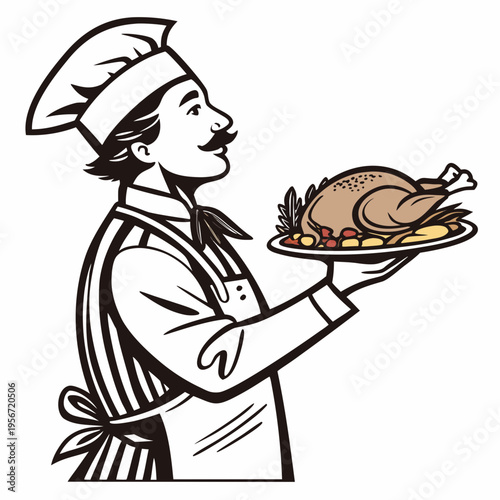 Vintage Style Chef holding a plate of roast turkey Vector Image isolated on white background.
