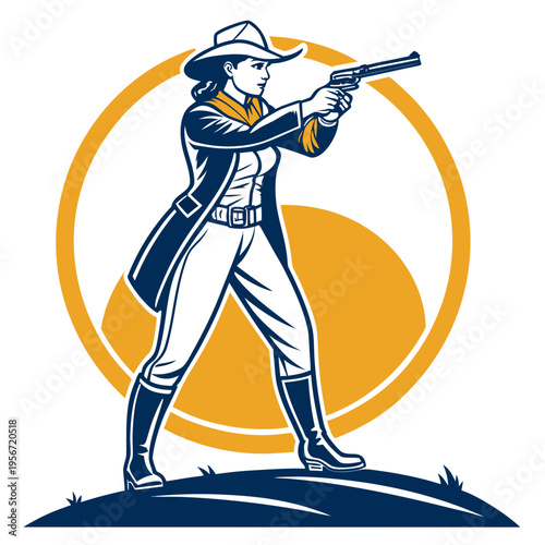 Stylish Cowgirl Aiming Her Pistol Ready to Fire Vector Illustration of a Strong Woman