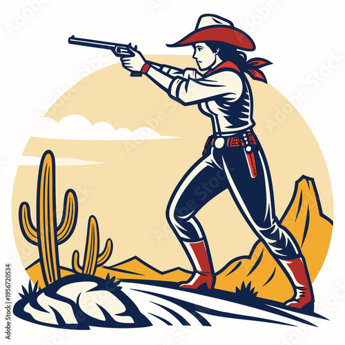 Stylish Cowgirl Aiming Her Pistol Ready to Fire Vector Illustration of a Strong Woman