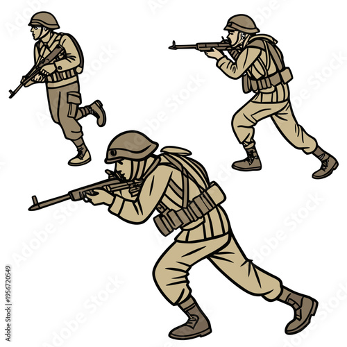 Soldiers in action Images Vector isolated on white background.