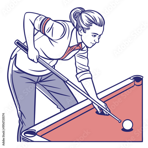Female player playing pool and aiming the billiard ball with stick vector image