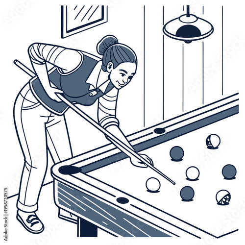 Female player playing pool and aiming the billiard ball with stick vector image