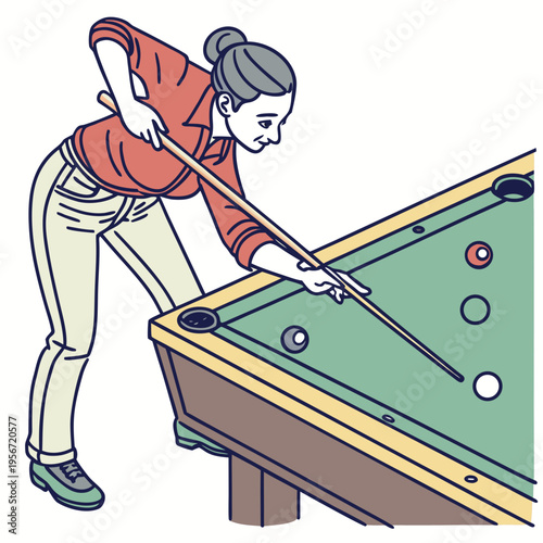 Female player playing pool and aiming the billiard ball with stick vector image