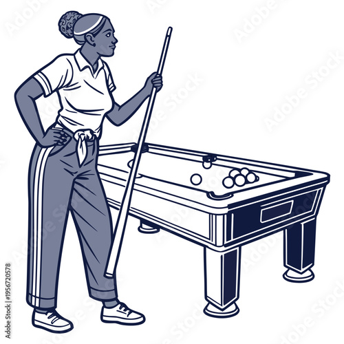 Confident Woman at Pool Table image vector isolated on white background.
