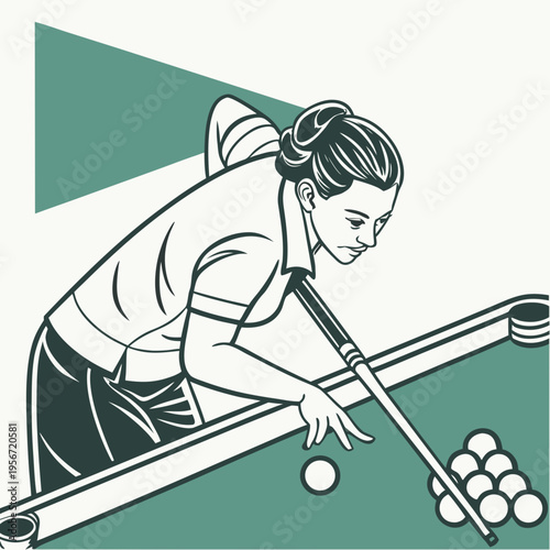 Female player playing pool and aiming the billiard ball with stick vector image