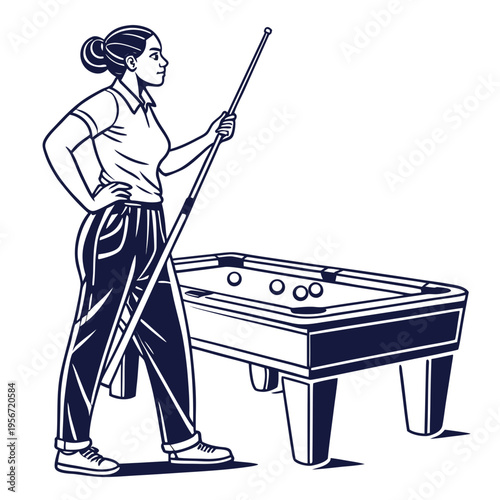 Confident Woman at Pool Table image vector isolated on white background.