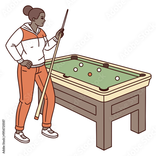 Confident Woman at Pool Table image vector isolated on white background.