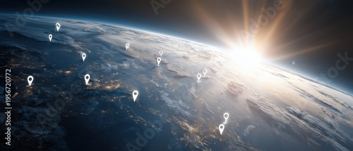 an aerial view of the earth with multiple white location pins scattered across different parts, symbolizing a global network and connectivity Generative AI