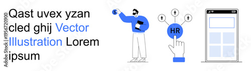 Recruitment, hiring processes, workforce management, HR technology, career development, organizational systems. Person pointing at HR icon and mobile interface. Recruitment and hiring processes