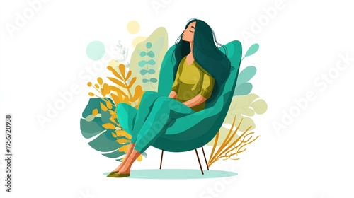 Woman sitting calmly on chair with green plants