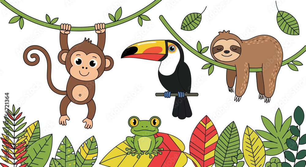 Obraz premium Cute Jungle Animals: Monkey, Toucan, Sloth, and Frog Cartoon Illustration