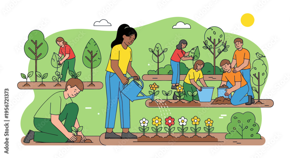Fototapeta premium Diverse Group Tending Community Garden, Planting, Watering, Smiling