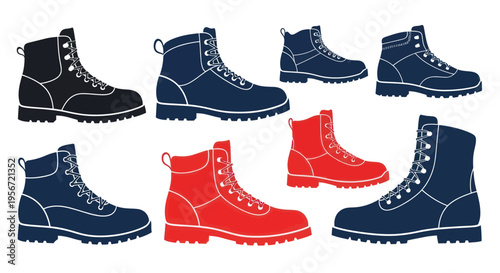 Collection of Modern Work Boots, Red, Blue and Black Colors, Isolated on White