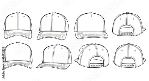Baseball Cap Mockup Templates: Front, Side, Back Views - Hand Drawn Sketch