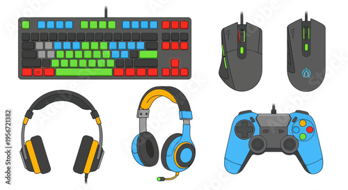 Gaming Gear Collection: Keyboard, Mouse, Headphones, Controller