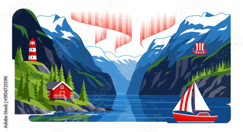 Norwegian Fjord Landscape with Aurora Borealis, Lighthouse, Cabin, and Sailboat