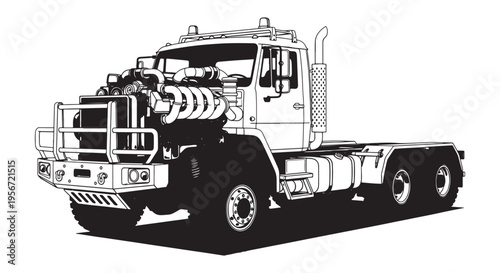 Heavy Duty Semi Truck Tractor Illustration With Exposed Engine and Bull Bar, Industrial Freight Rig