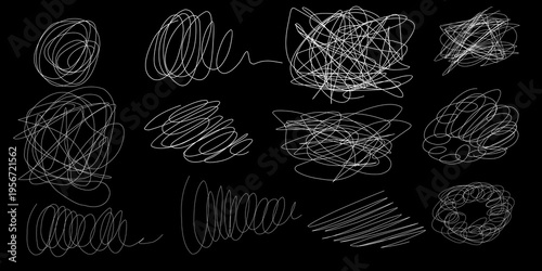 Messy white scribbles and chalk spirals on black background. Hand drawn abstract chaotic lines set. Vector pencil sketch textures. Chaotic doodle elements.