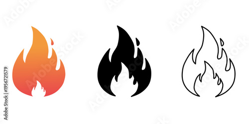 Fire flame icon set. Cartoon flame illustration. Fire logo collection. Gradient, black flat and outline fire icons. Hot energy symbol vector isolated on white background.