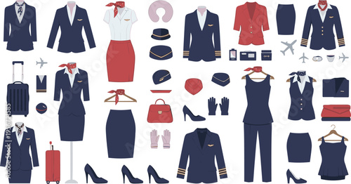 Professional airline cabin crew uniform set with pilot jackets flight attendant dresses luggage and aviation accessories isolated on white background vector