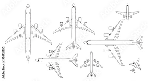 Top View Airplane Line Drawings and Technical Overhead Aircraft Blueprints for Aviation Design