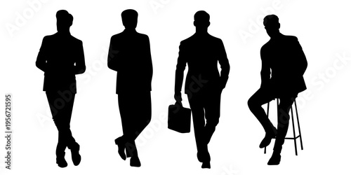 Set of professional business man silhouettes in formal suits. Standing, walking with briefcase, and sitting on stool poses isolated on white. Corporate male figures collection.