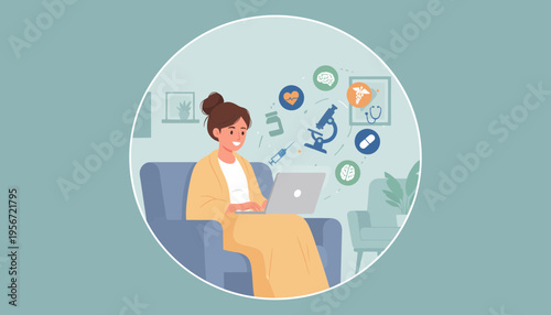 Woman working remotely on laptop with medical icons symbolizing healthcare and science