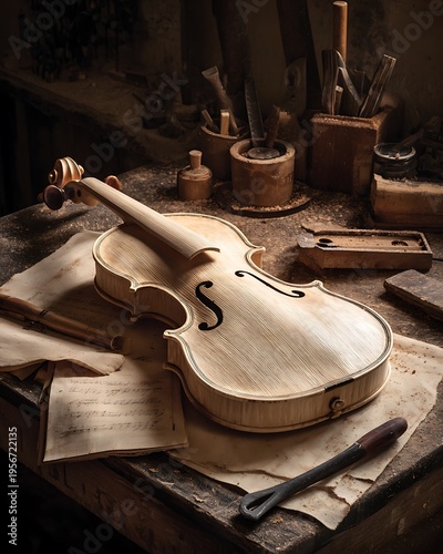 A violin under construction, on a wooden workbench, a testament to craftsmanship