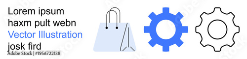 E-commerce, automation, productivity, digital settings, user interface, online business. Shopping bag and two cogwheels in minimal style. E-commerce and automation concepts