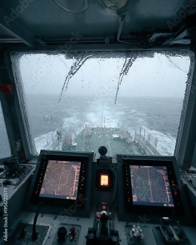A stormy sea view from the ship's bridge, with rain streaks on the window, and navigation display