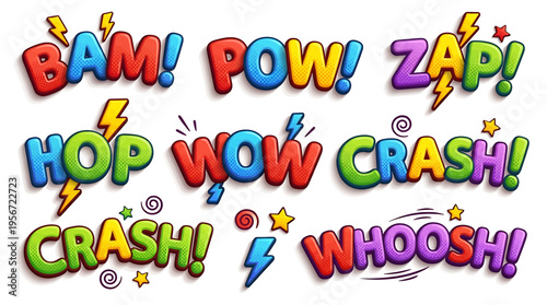 Dynamic Comic Book Sound Effects BAM, POW, ZAP, HOP, WOW, CRASH, WHOOSH