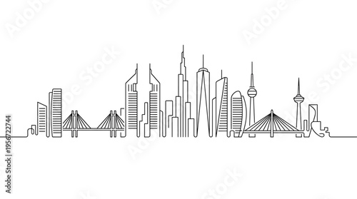 Seamless urban skyline illustration, a modern cityscape panorama drawn with a continuous single line art style, highlighting diverse architectural structures and bridges