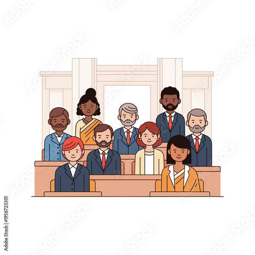Diverse group of people sitting in rows in a courtroom, possibly a jury or legal professionals.